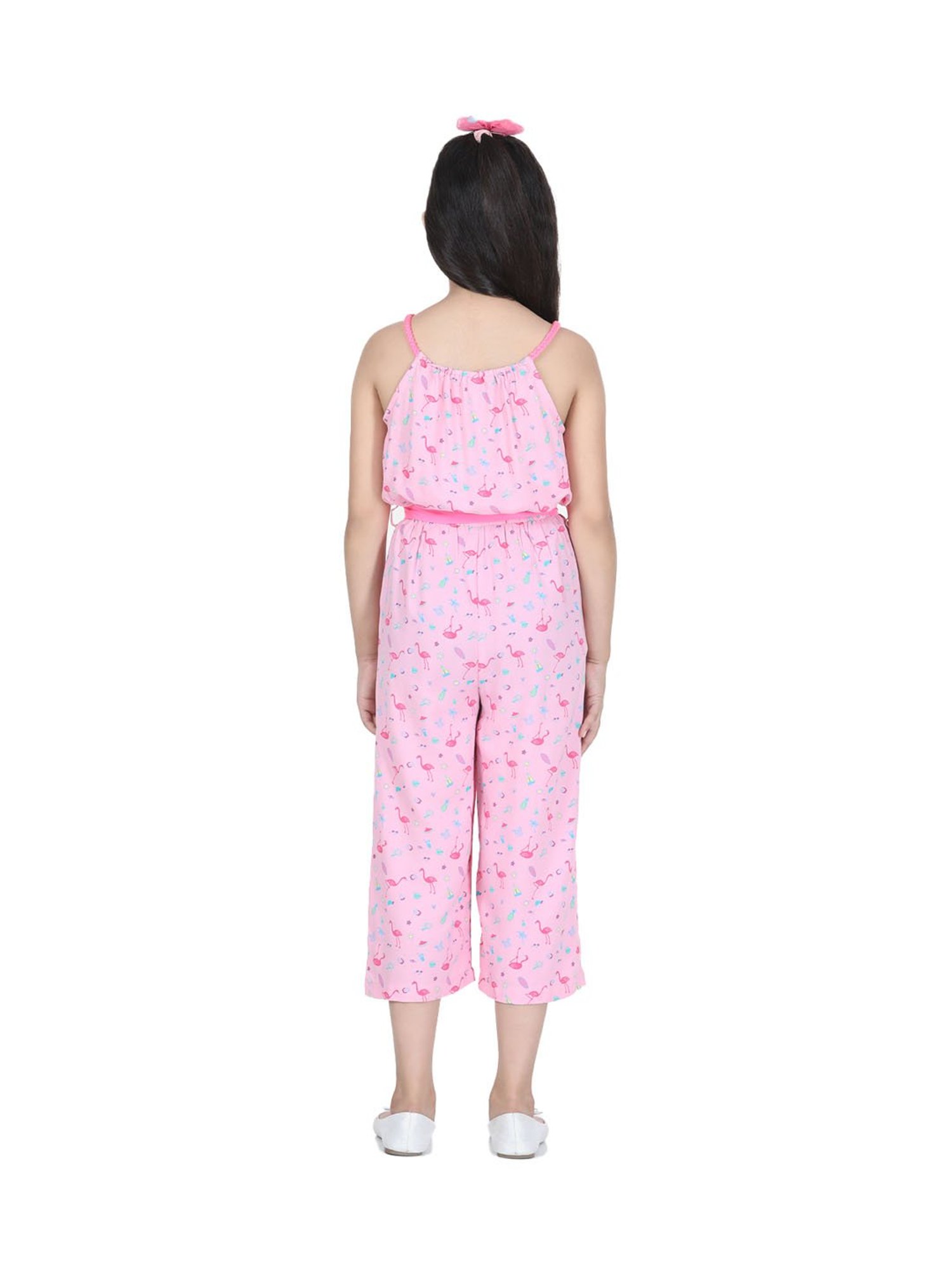 StyleStone Kids Pink Printed Jumpsuit with Belt