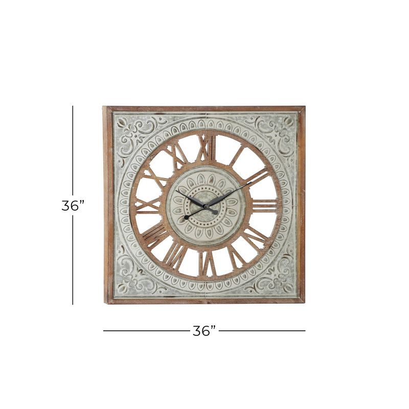 36" x 36" Extra Large Square Metal Textured Pattern Wall Clock with Wood Carved Center and Frame - Olivia & May
