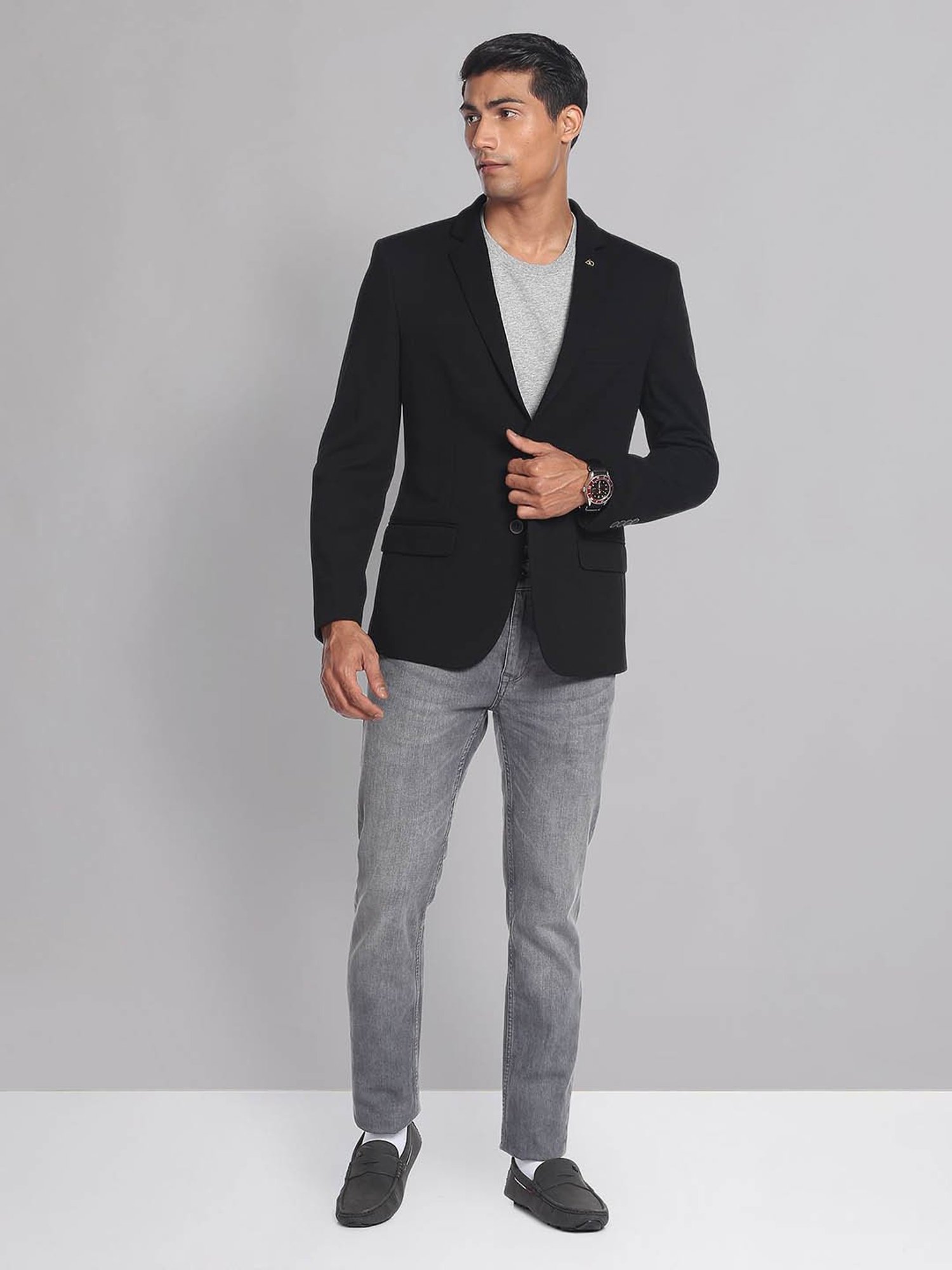 AD by Arvind Black Slim Fit Notch Lapel Blazer