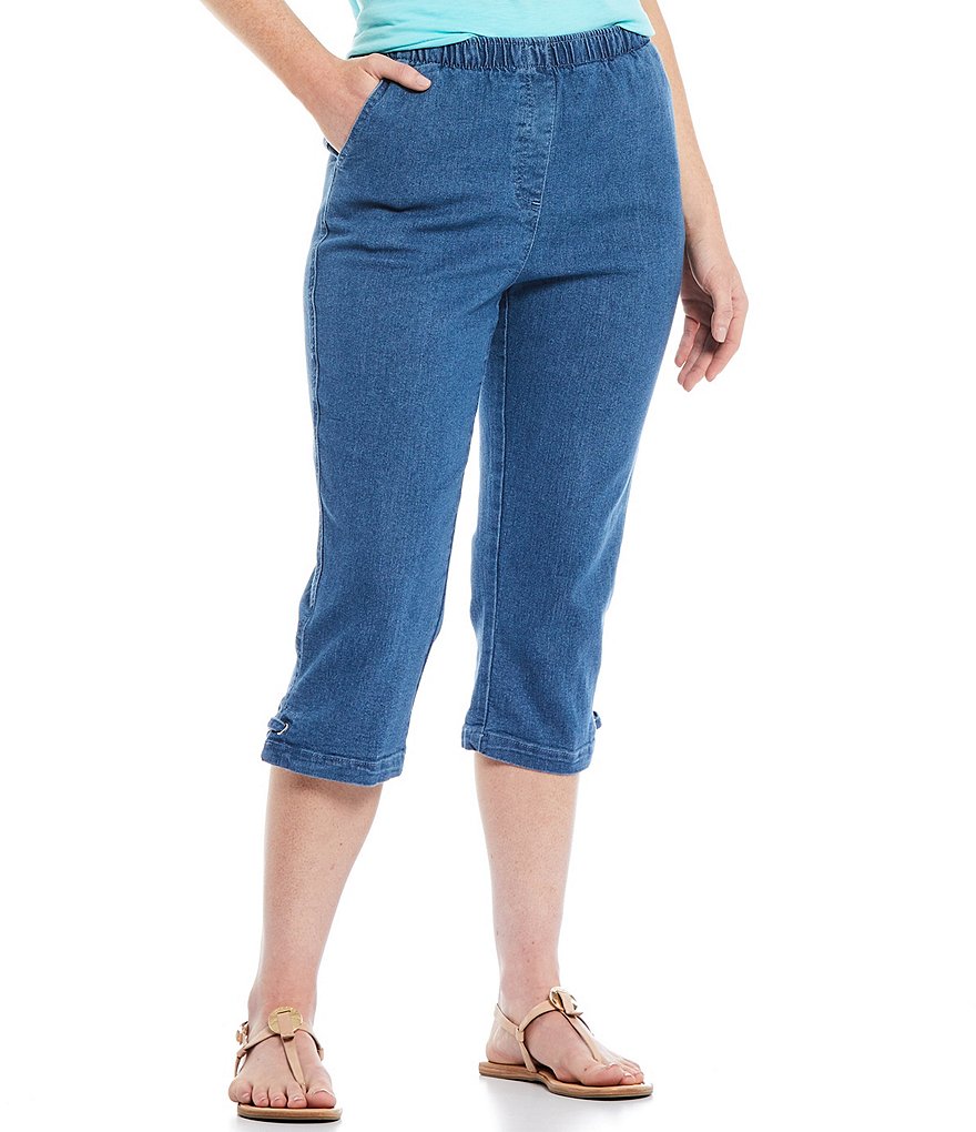 Allison Daley Stretch Denim Silver Ring Hem Detail Pull-On Capri Pants