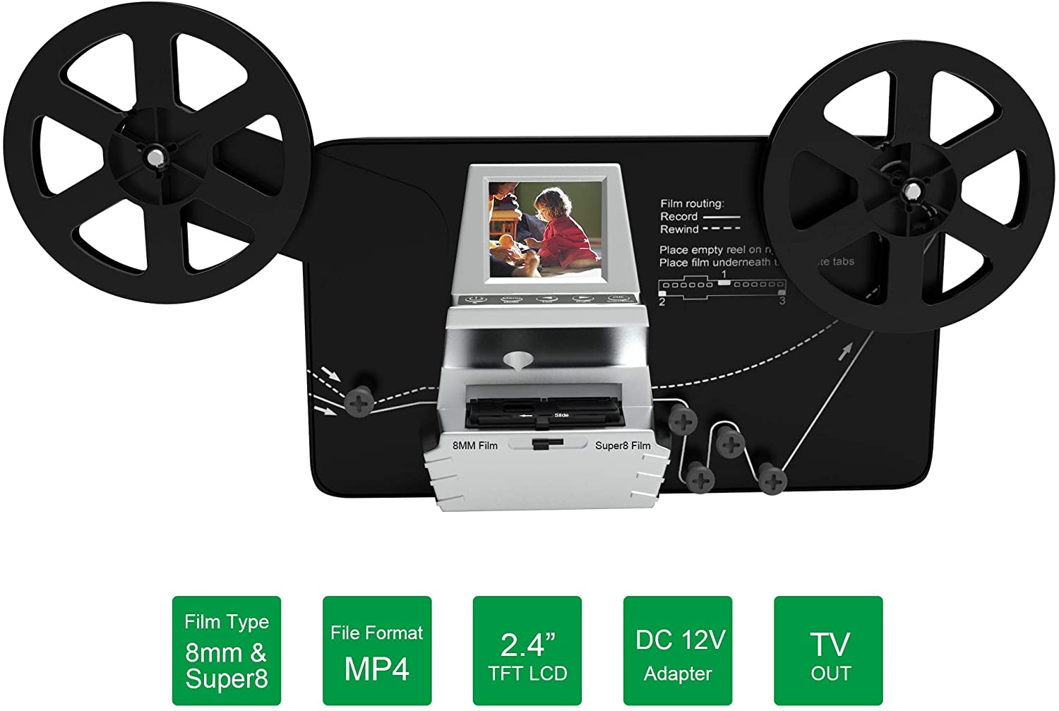 8mm & Super 8 Reels to Digital MovieMaker Film Sanner Converter, Pro Film Digitizer Machine with 2.4" LCD, Convert 3 inch and 5 inch 8mm Super 8 Film reels into 1080P Digital Videos,with 32 GB SD Card