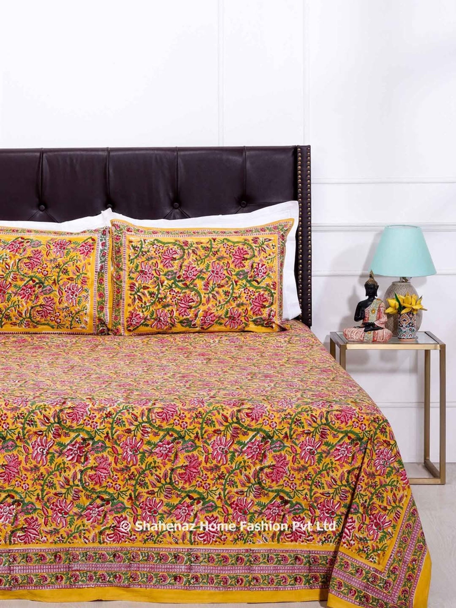 Shahenaz Mustard Yellow & Green 120 TC Cotton Gayatri Single Bedsheet with 1 Pillow Cover