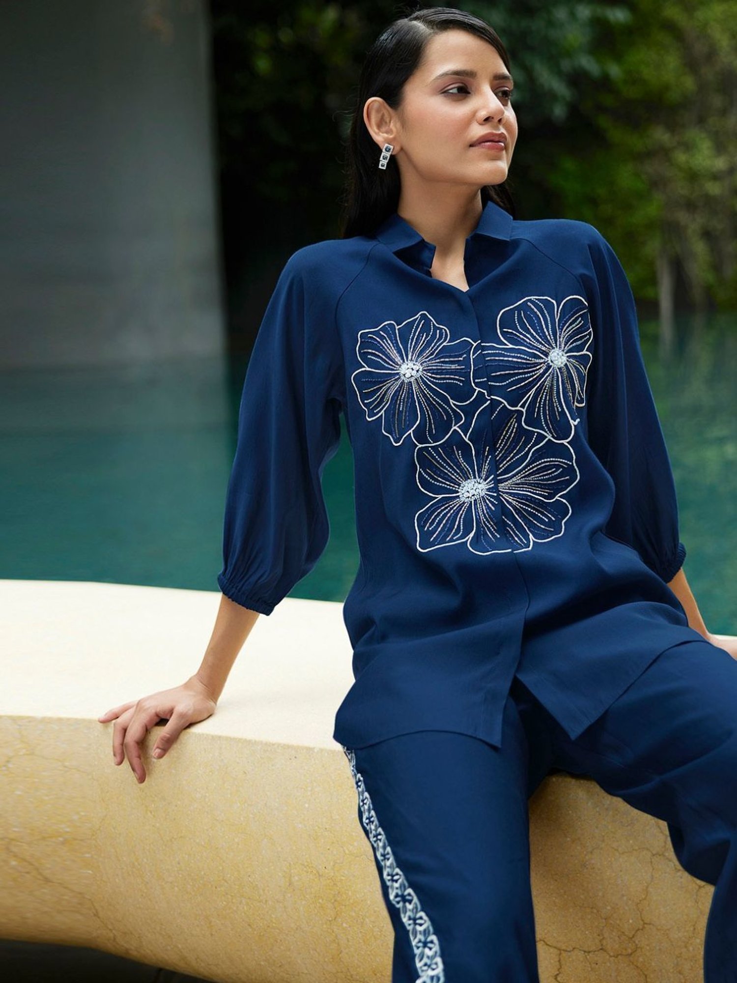 Kaftanize Kiaa Deep Blue Embroidered Shirt with Pant