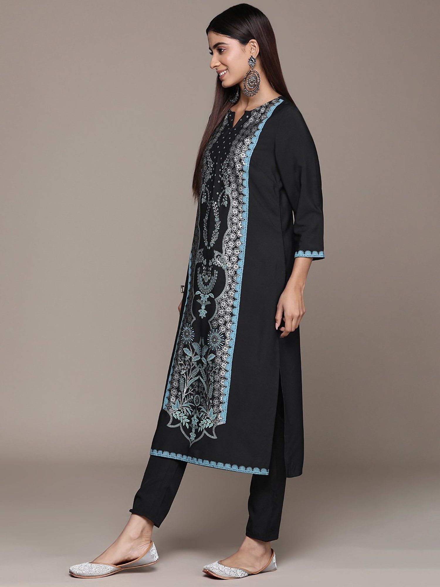 Ziyaa Black Printed Kurta Pant Set