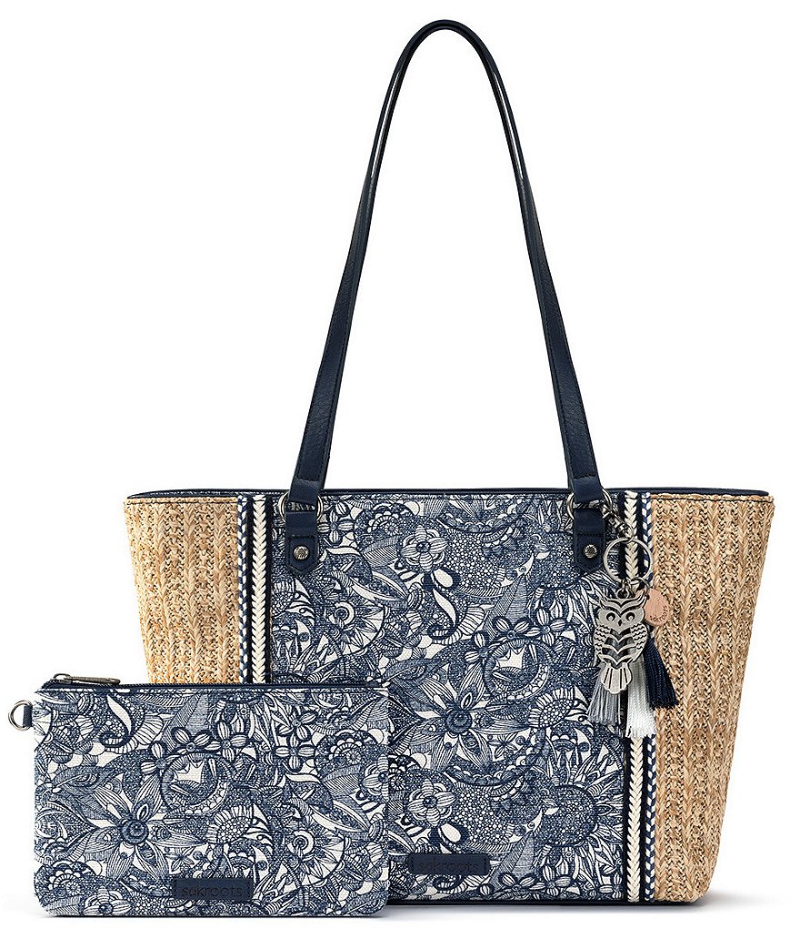Sakroots Meadow Medium Zip Top Floral Canvas Straw Tote