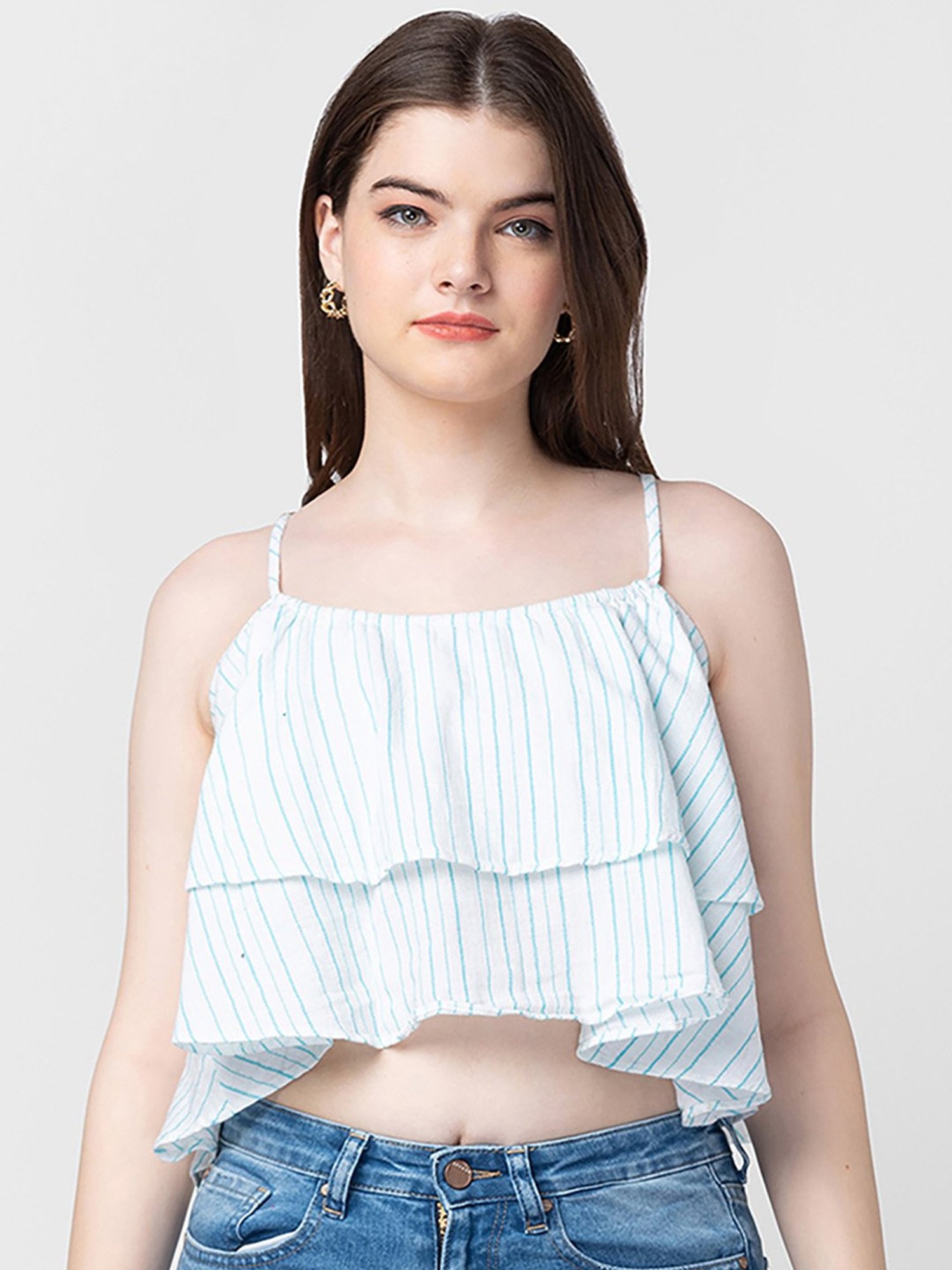 Spykar White & Blue Cotton Crop Top