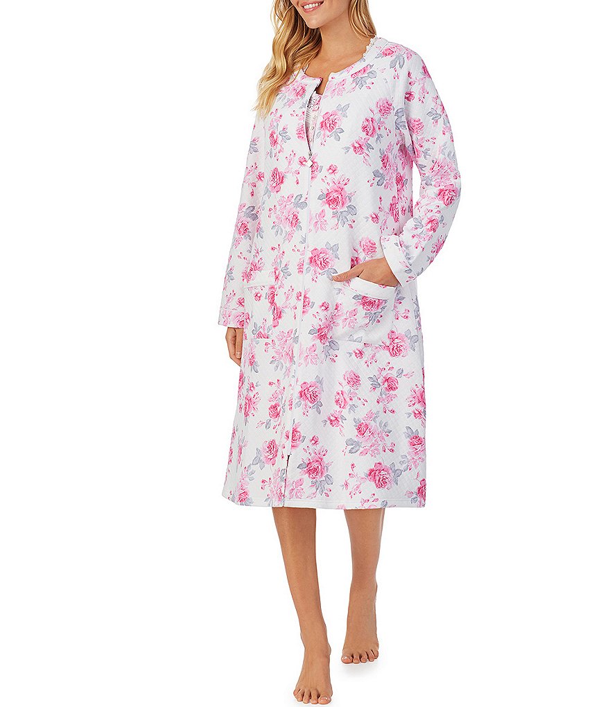 Eileen West Rose Print Diamond Quilt Knit Long Zip-Front Robe