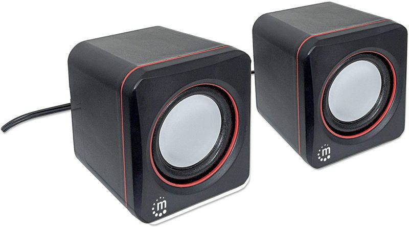 Manhattan USB Stereo Speaker System with 3.5 mm Audio Plugs to Connect to a Laptop, Notebook or Desktop Computer, Volume Controller, Black with Orange Highlights