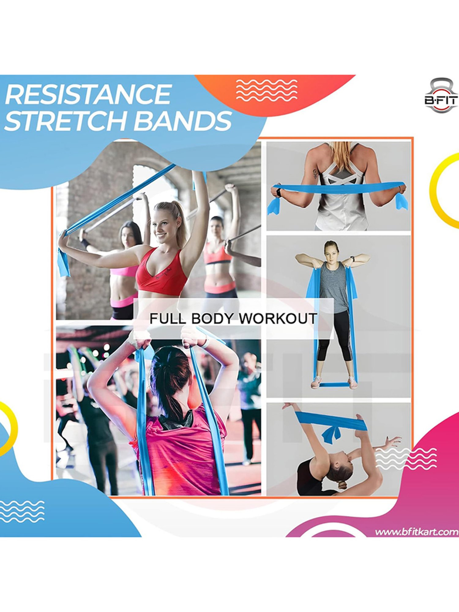B Fit Exercise Rubber Stretch Resistance Bands Set of 3 (Multicolor)