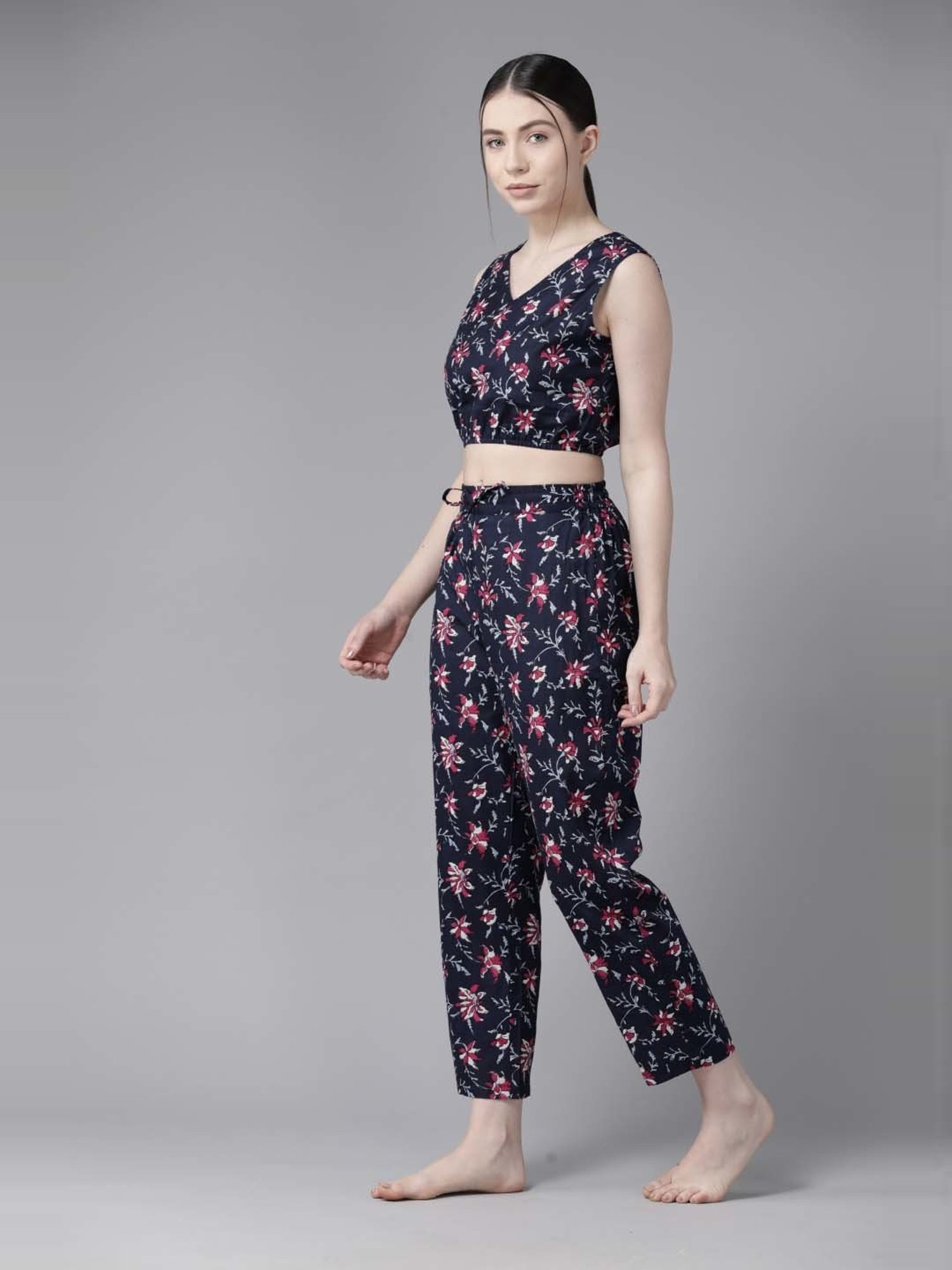 Prakrti Navy Cotton Floral Print Crop Top Pant Set With Jacket