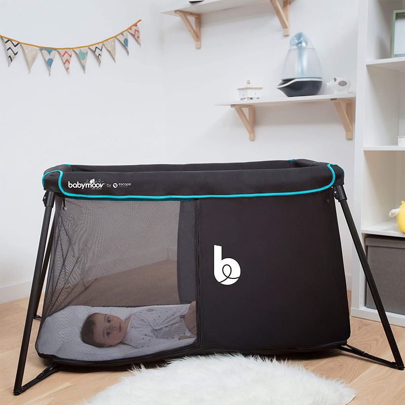 Babymoov Naos 2 in 1 Lightweight Portable Washable Memory Foam Travel Infant Crib & Playpen Playard, Carry Case Included, UV 50+ Ages 0-4, Black/Blue