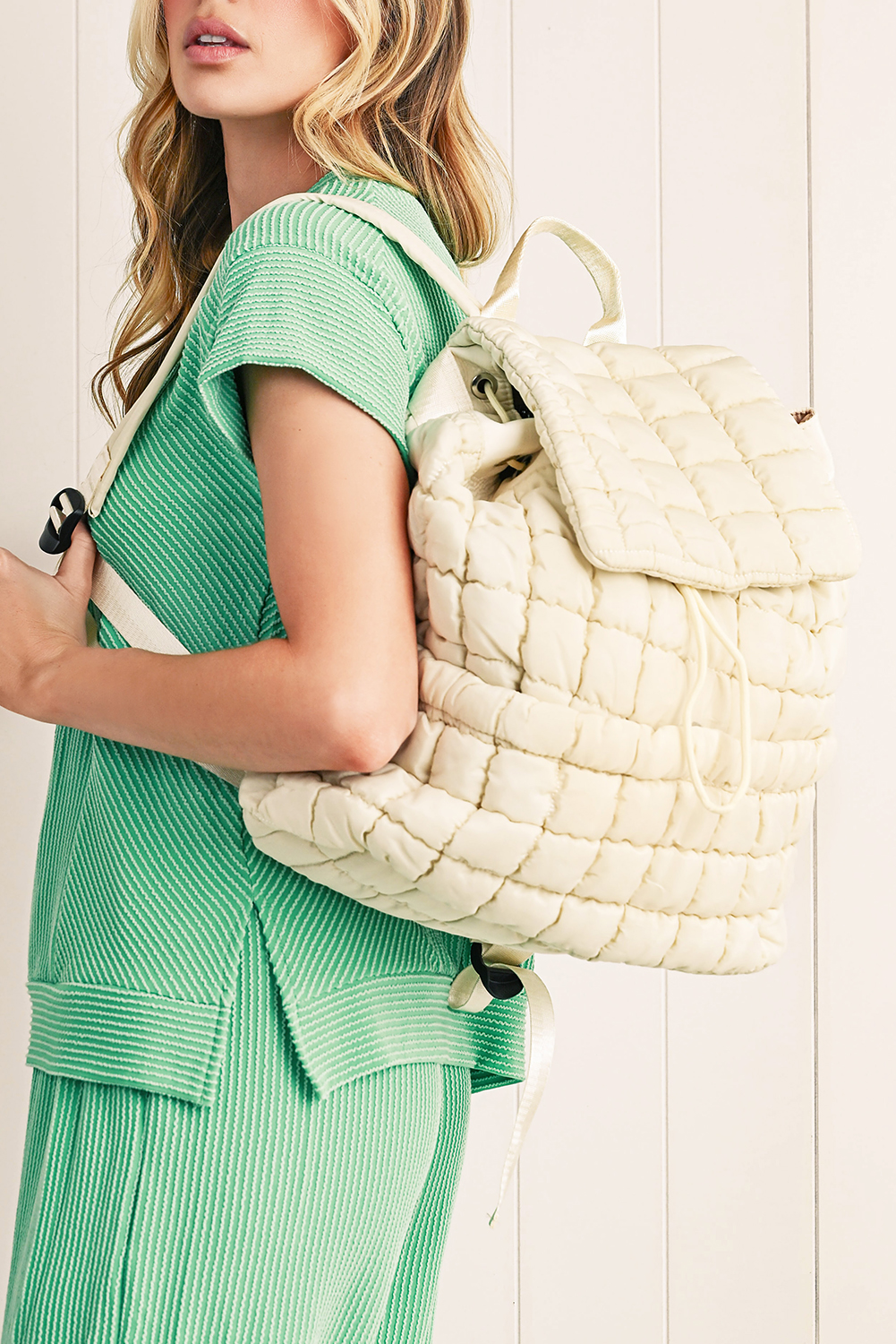 White Solid Flapped Quilted Puffer Backpack