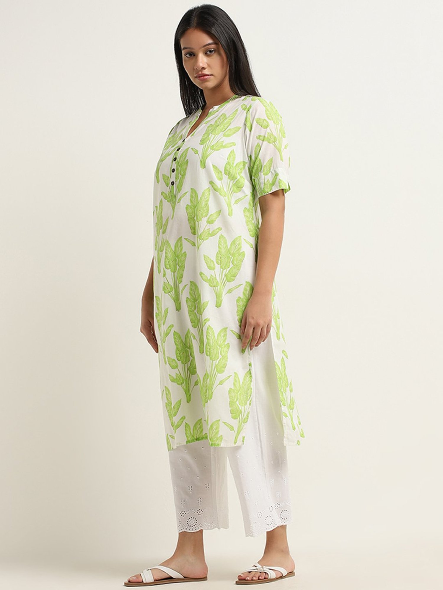 Diza by Westside Green Foliage Design Straight Cotton Kurta