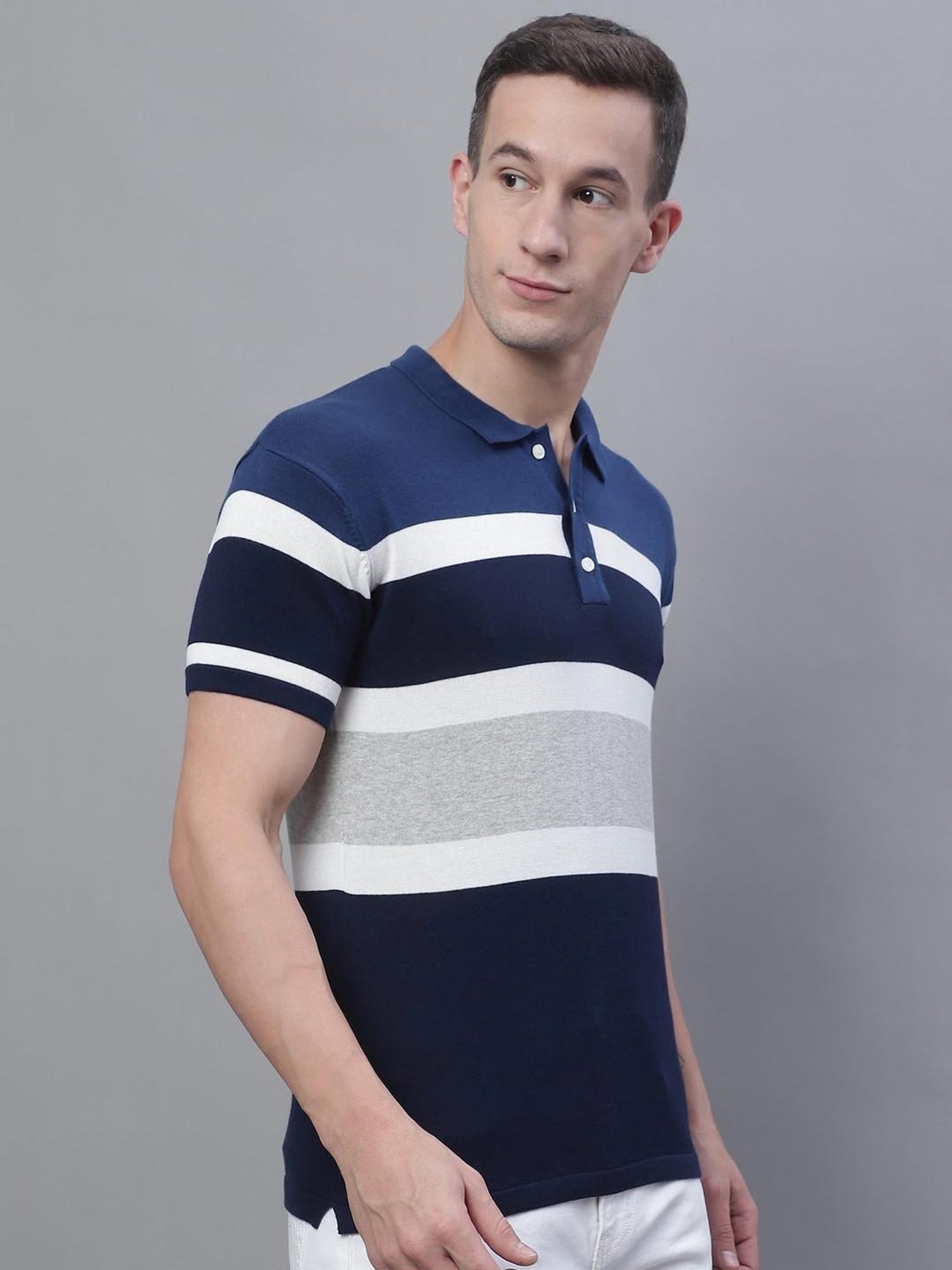 Cantabil Blue Cotton Regular Fit Striped Polo T-Shirt