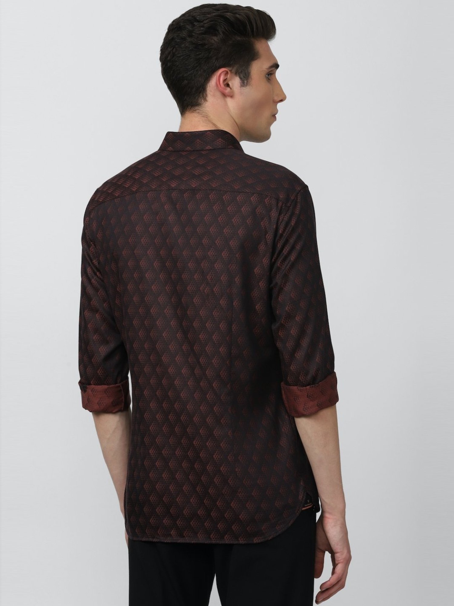 V Dot Brown Cotton Slim Fit Printed Shirt