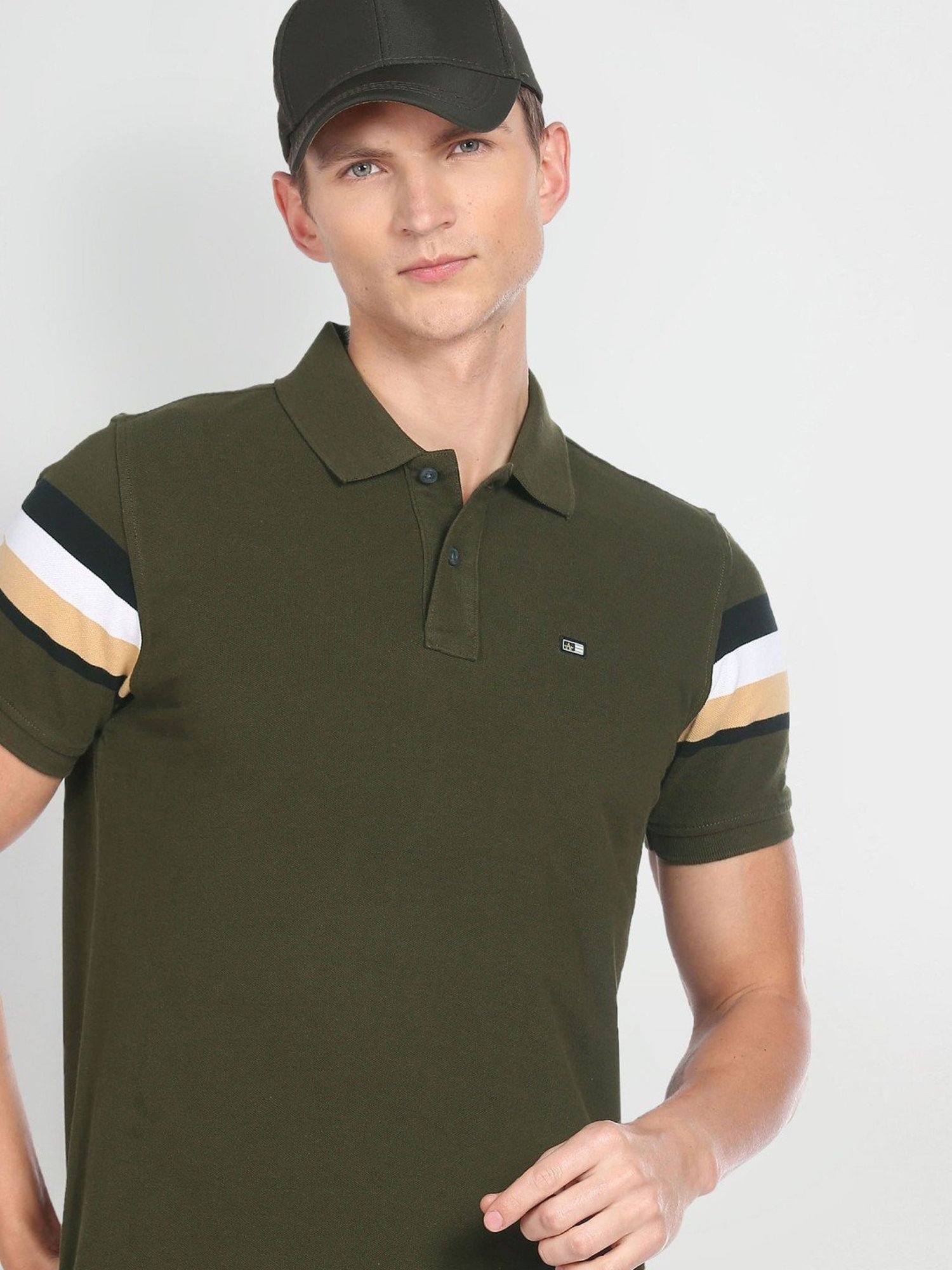 Arrow Sport Olive Cotton Regular Fit Striped Polo T-Shirt