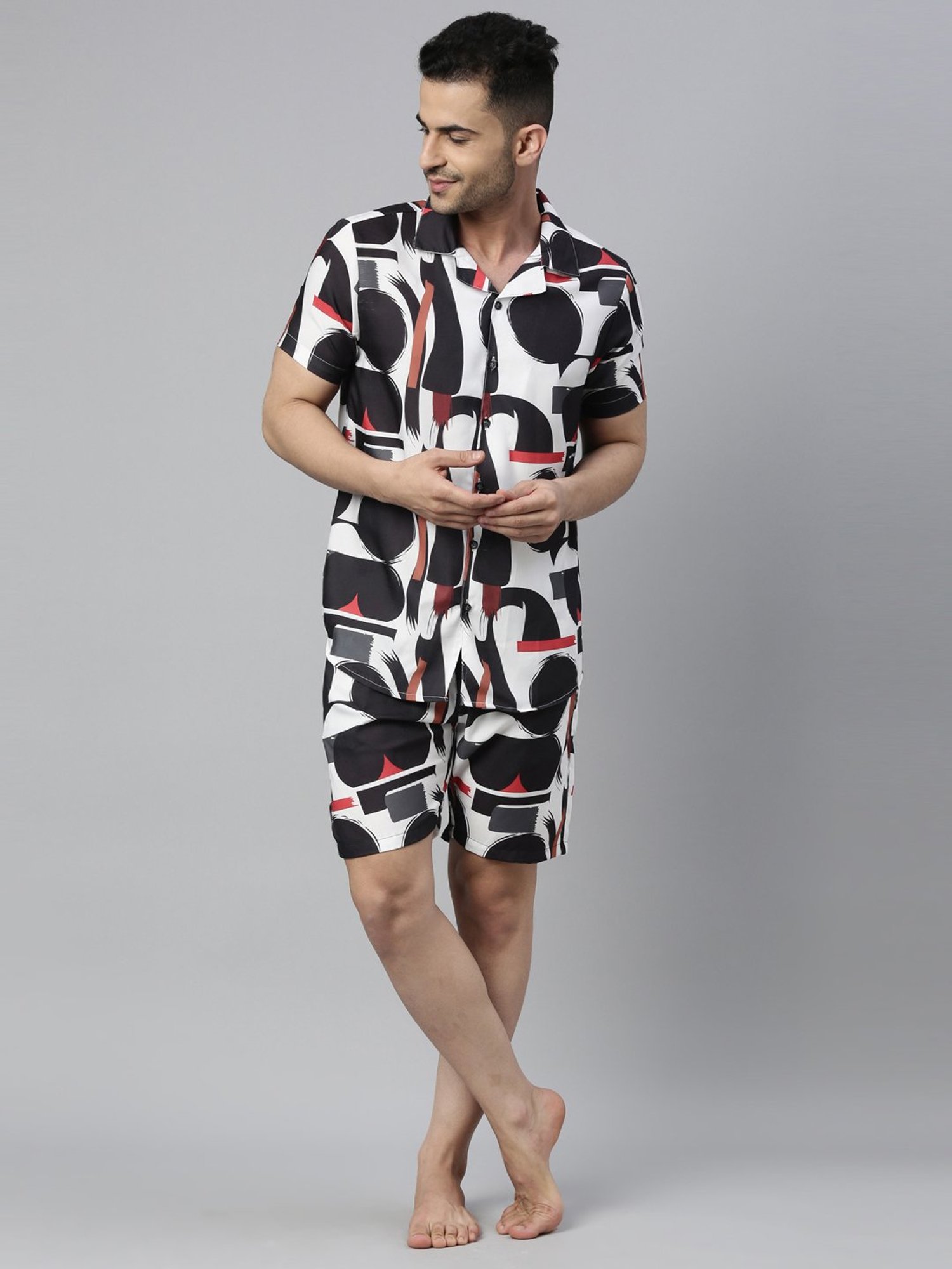 Bushirt White Regular Fit Printed Shirt & Shorts Set
