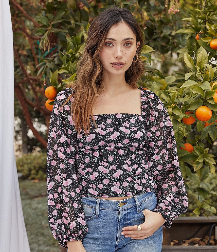 Lucy Paris Floral Print Square Neck Long Balloon Sleeve Coordinating Top