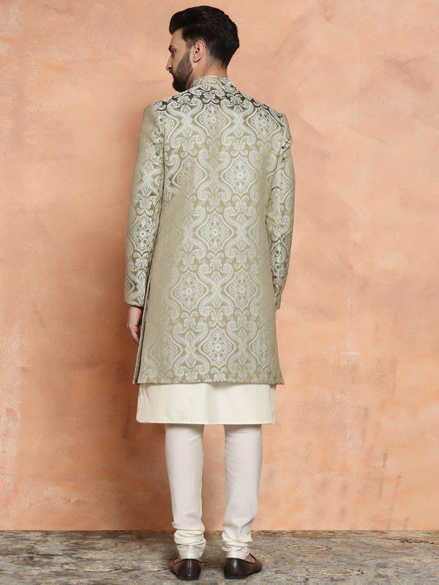 Kisah Beige & Green Regular Fit Jacquard Sherwani Set