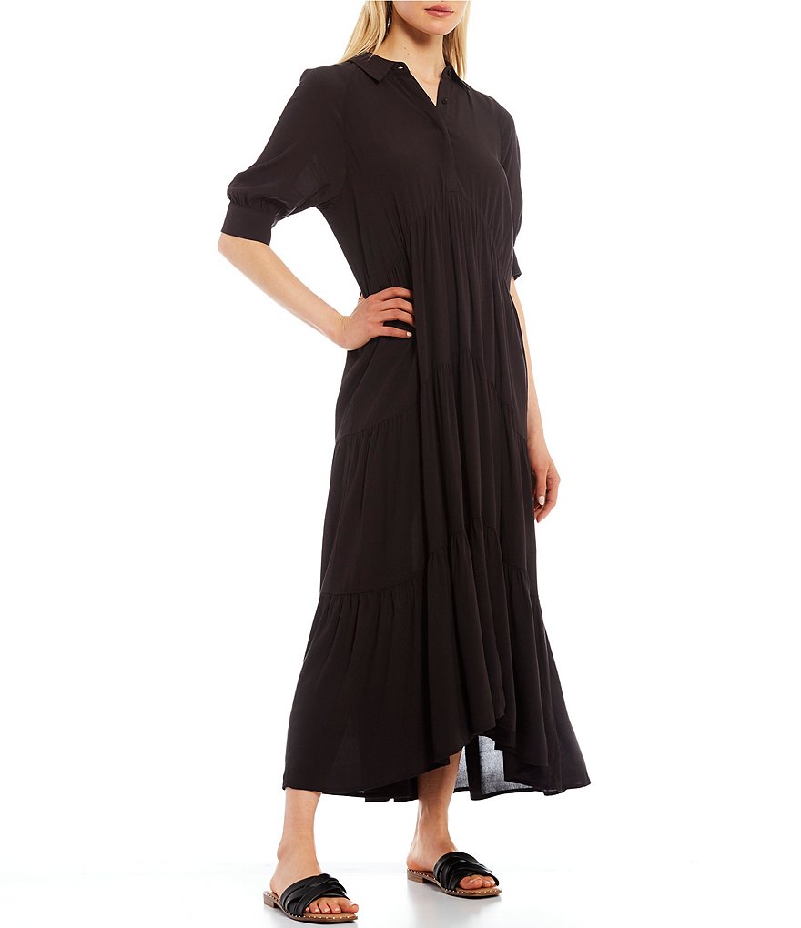 A Loves A Loose Fit Elbow Sleeve Tiered Midi Swing Dress