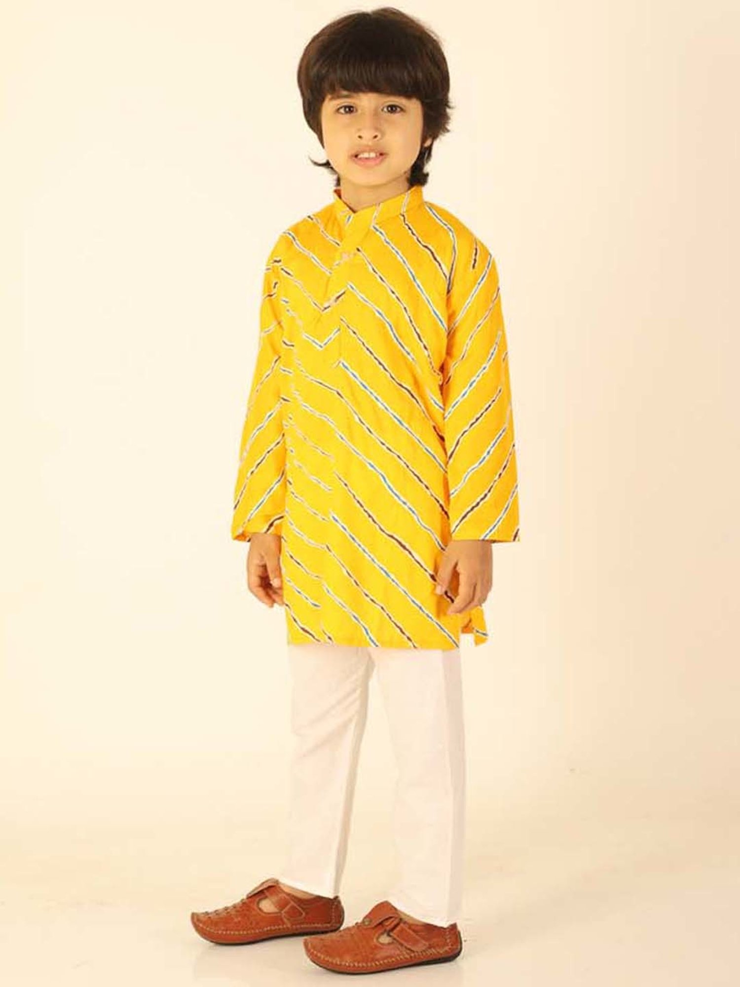 Ahhaaaa Kids Yellow & White Cotton Striped Full Sleeves Kurta Set