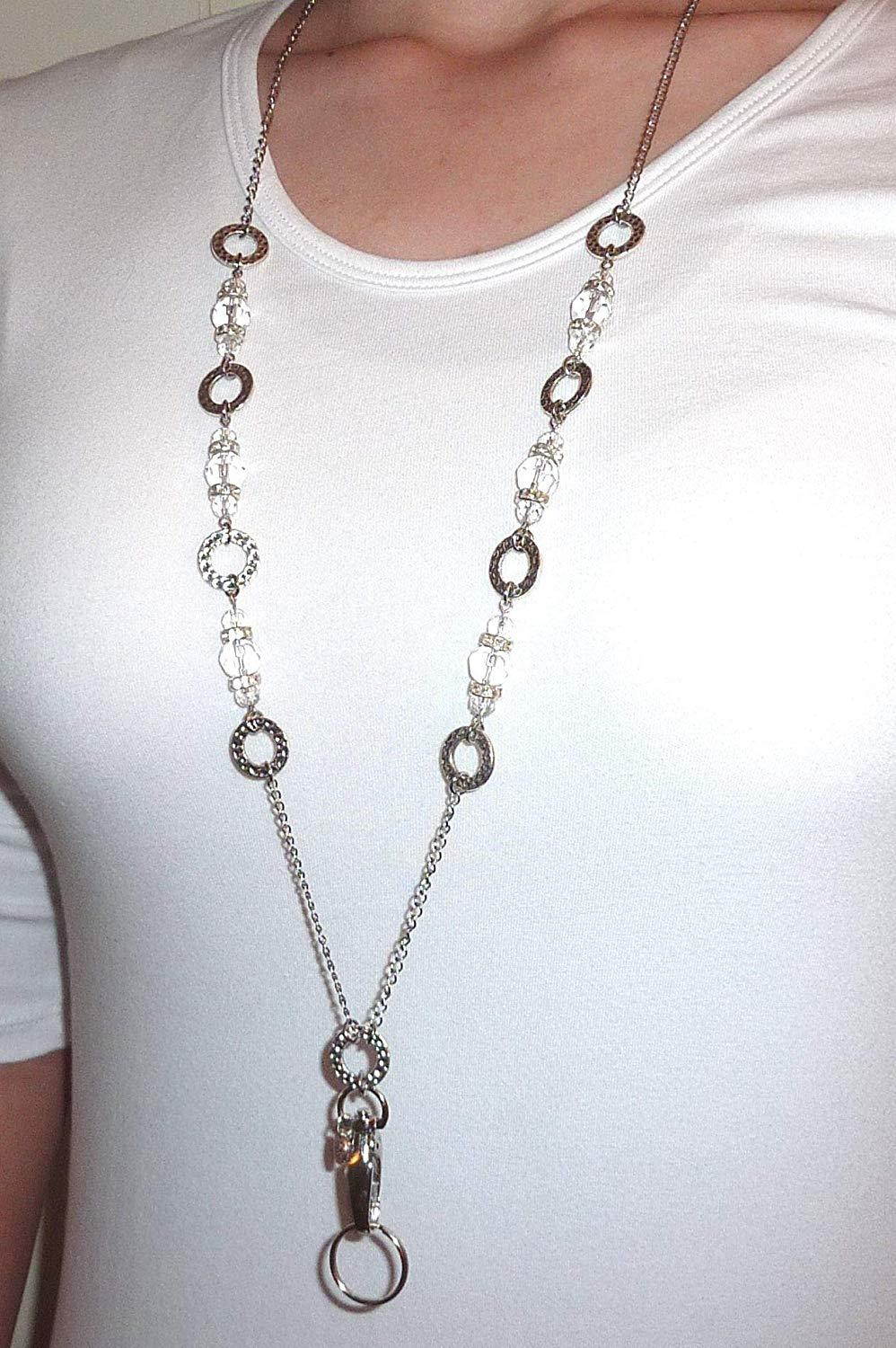 Hidden Hollow Beads The Grand Fashion Lanyard Necklace, Women's super strong chain lanyard for ID badge holder and keys, 34" long (Crystal Non Breakaway - Stronger)