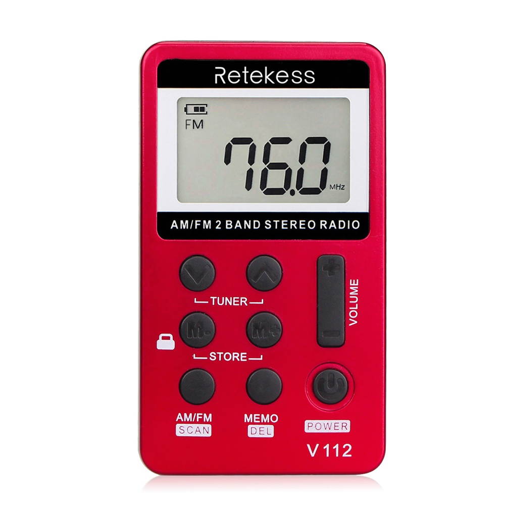 Retekess V-112 Portable AM/ FM Stereo Radio Pocket 2 Band Digital Tuning Radio Mini Receiver Outdoor Radio w/ Earphone Lanyard 1.5 Inch LCD Display Screen Rechargeable 500mAh Battery Sleep Timer