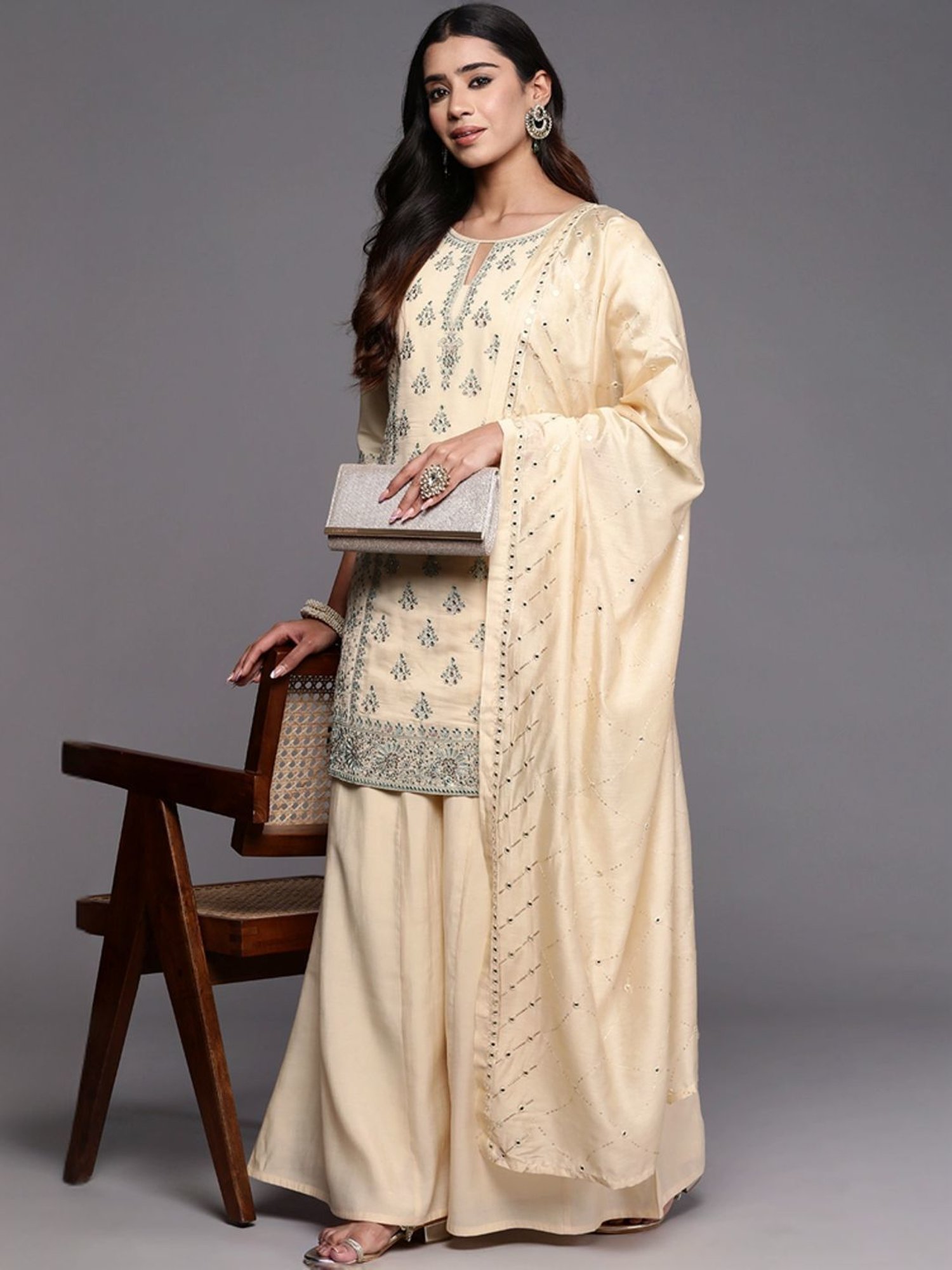 Libas Art Beige Embroidered Kurti Palazzo Set With Dupatta