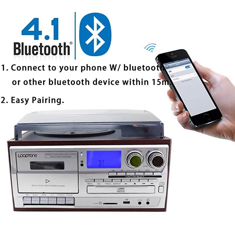 Vinyl Record Player 9 in 1 3 Speed Bluetooth Vintage Turntable CD Cassette Player AMFM Radio USB Recorder Auxin RCA LineOut