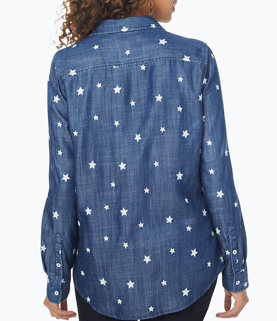 Foxcroft Hampton Long Sleeve Point Collar Star Embroidered Button Front Tencel Shirt