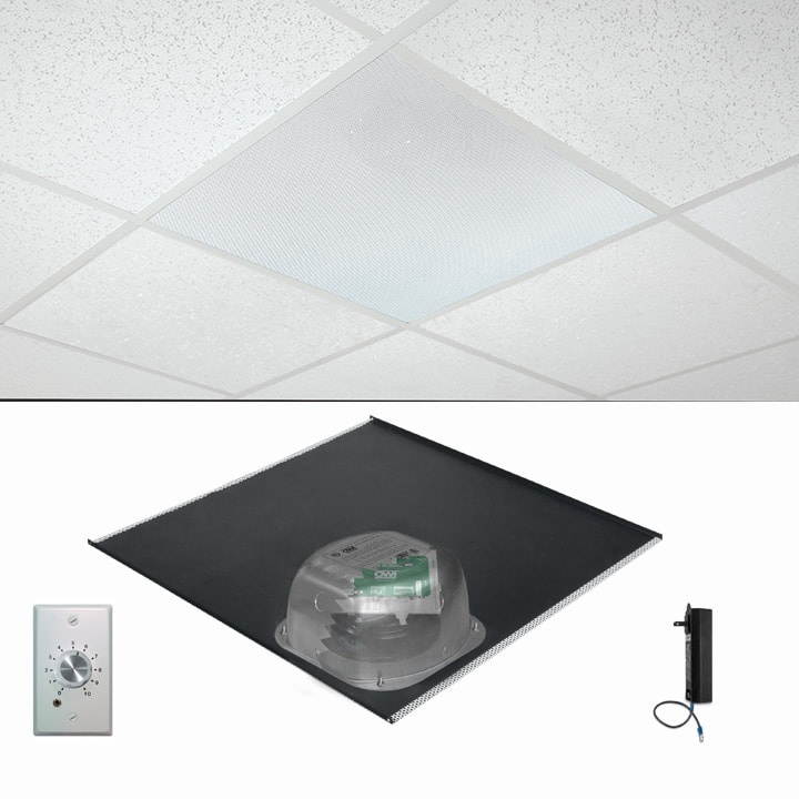 One Source/6 inch Integratable Amplified In Ceiling Speakers on a 2x2 Vinyl Tile (One Speaker Package with Volume Control)