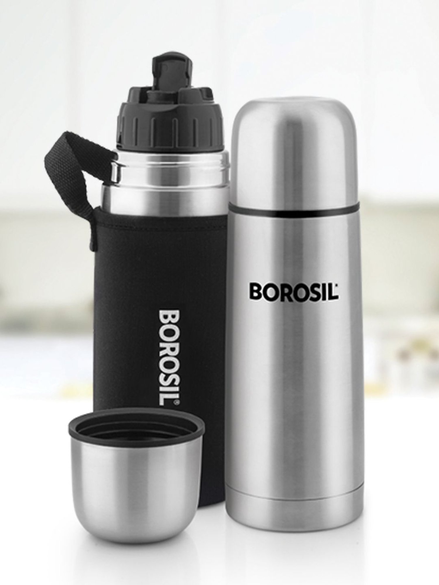 Borosil Silver Stainless Steel Hydra Thermo Vacuum Insulated Flask Water Bottle - 350 ml