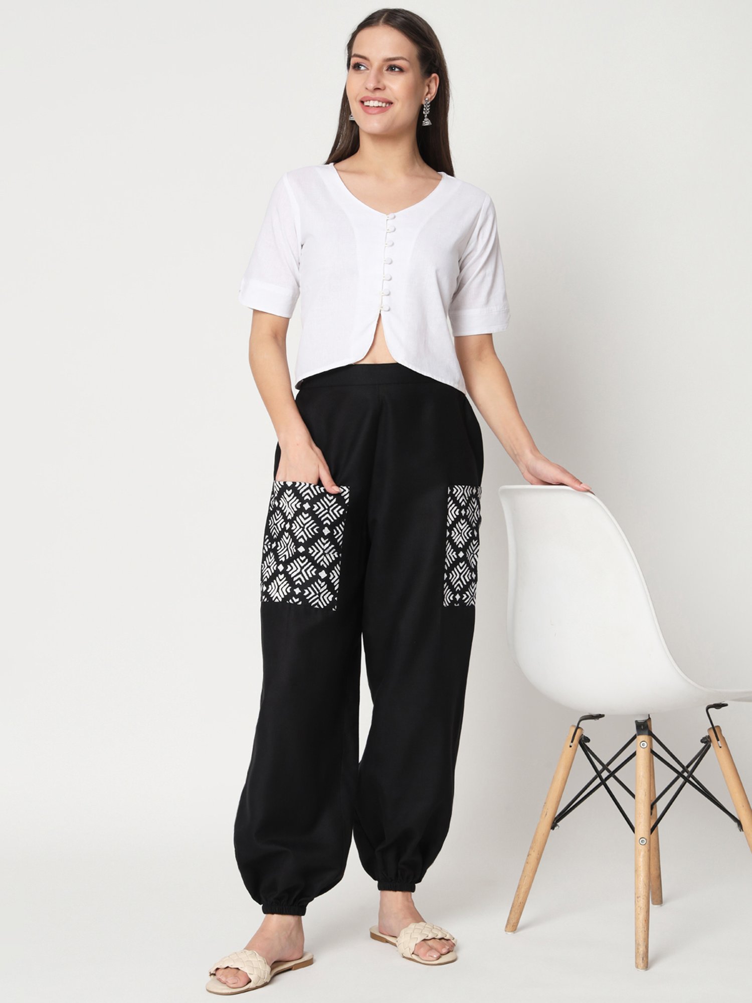 9rasa Black Cotton Hand Block Print Pants