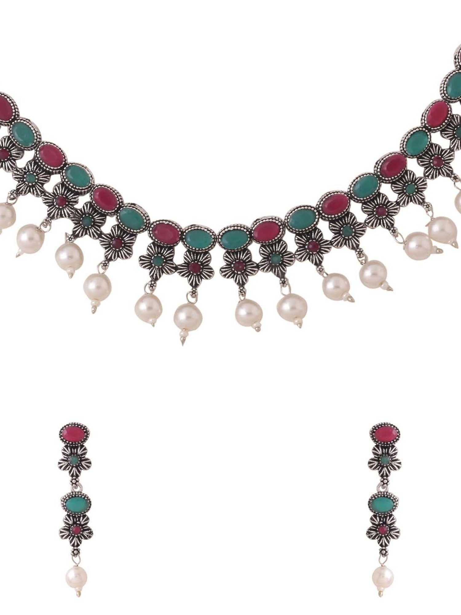 NVR Silver-Plated Stone Studded Oxidized Silver Jewellery Set for Women