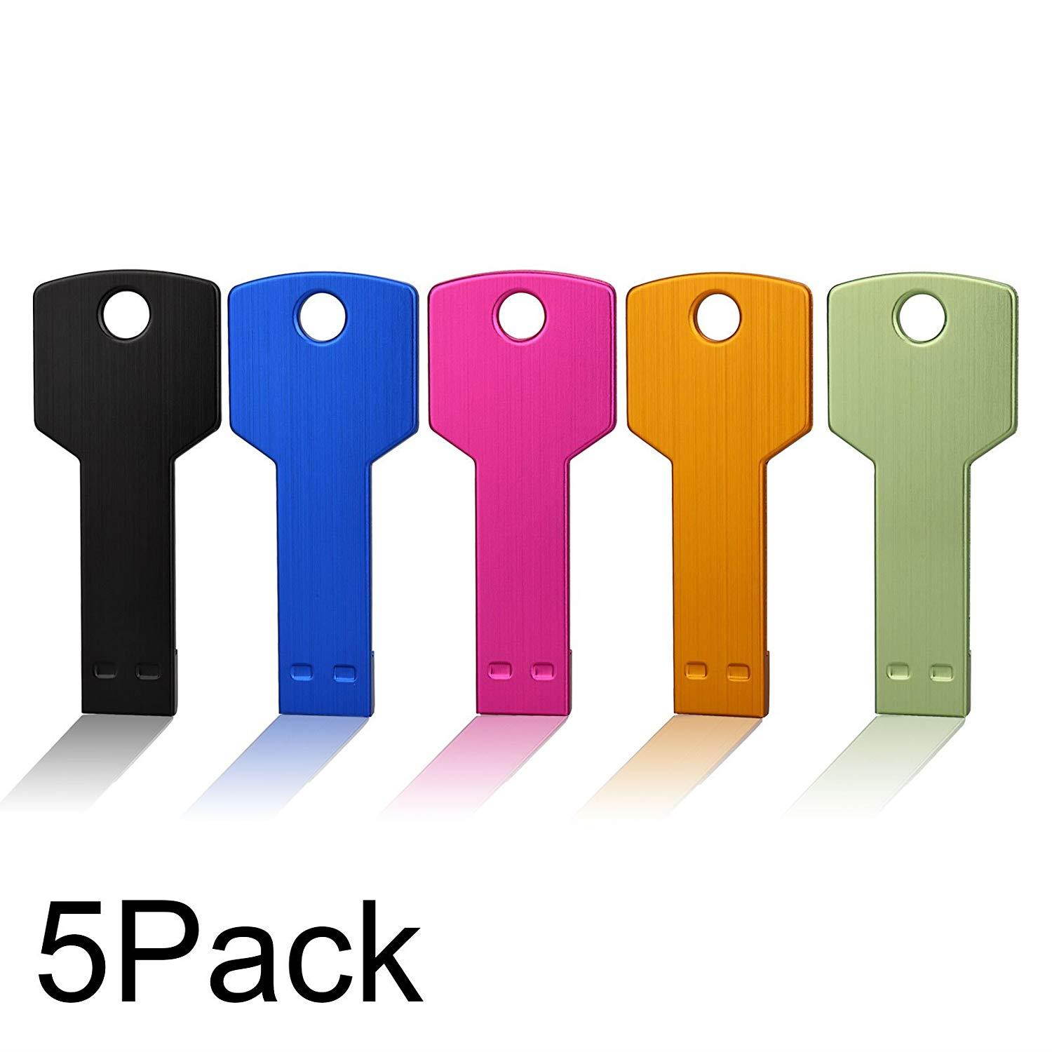 JUANWE 5 Pack 8GB USB Flash Drive USB 2.0 Metal Thumb Drives Jump Drive Memory Stick Key Shape - Black/Blue/Pink/Gold/Green(8GB,5 Mixed Color)