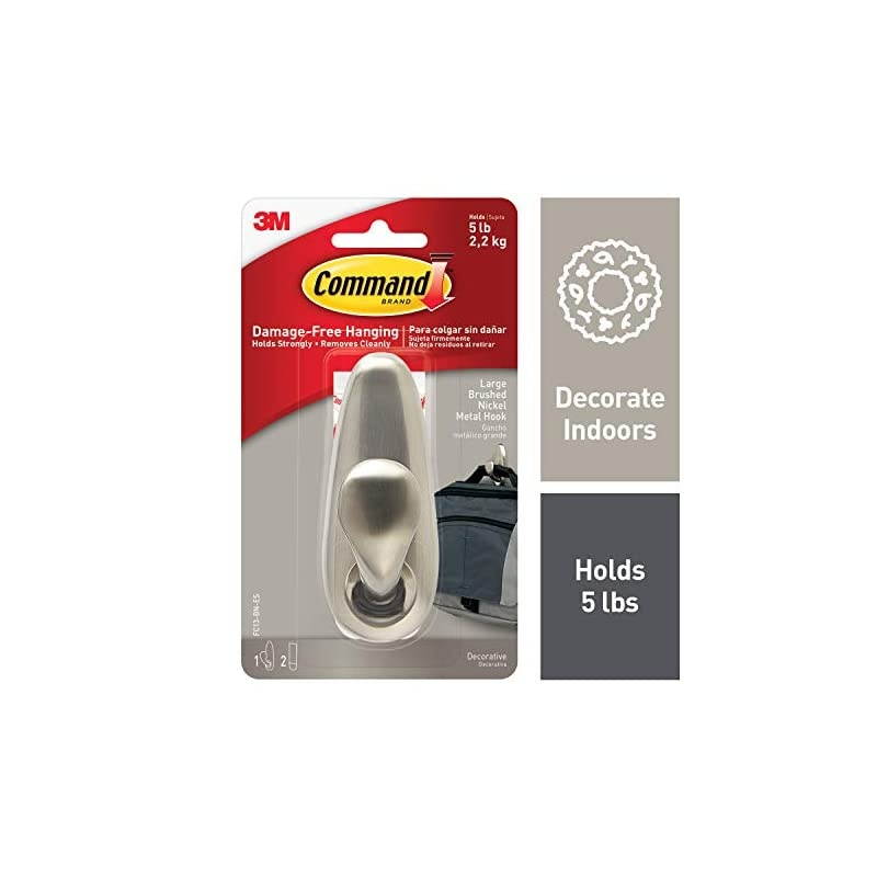 Large Metal Hook, Brushed Nickel, Indoor Use, 1-Hook, 2-Strips, Decorate Damage-Free