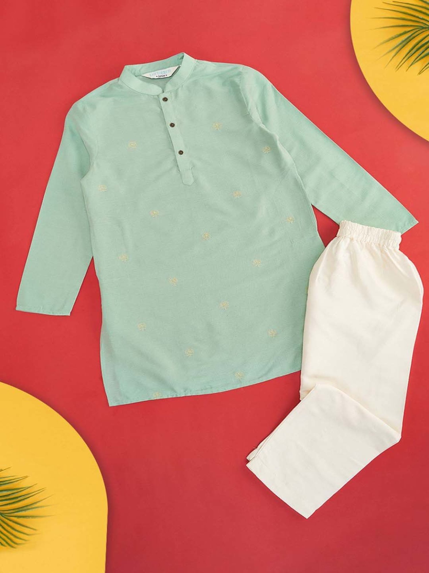 VASTRAMAY Boys Yellow & White Cotton Printed Full Sleeves Kurta Sets