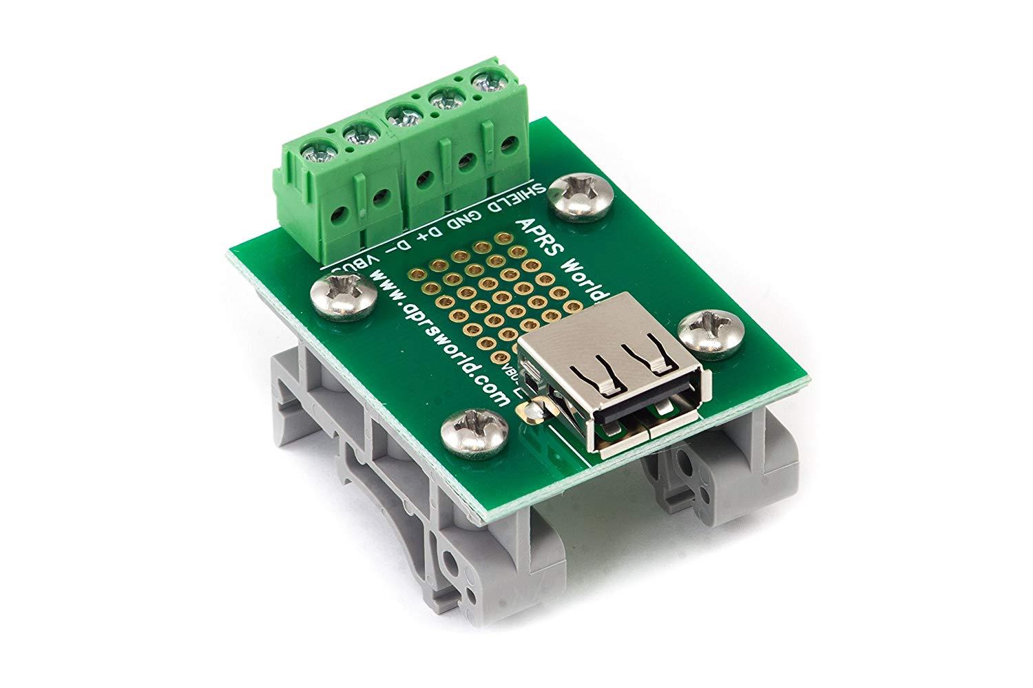 USB A Jack Breakout Board to Screw Terminals with DIN Rail Clips