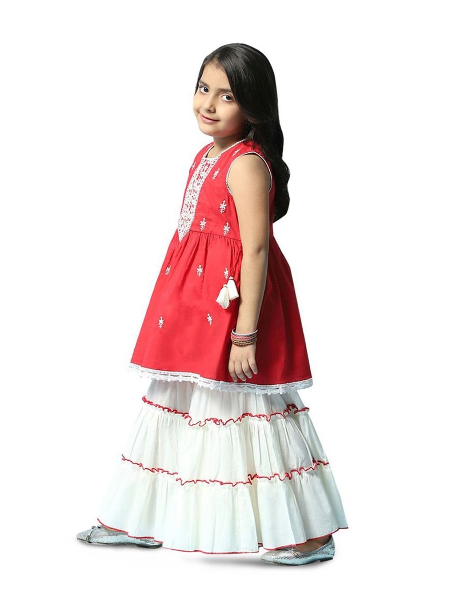 Biba Girls Red & White Cotton Embroidered Kurta Set