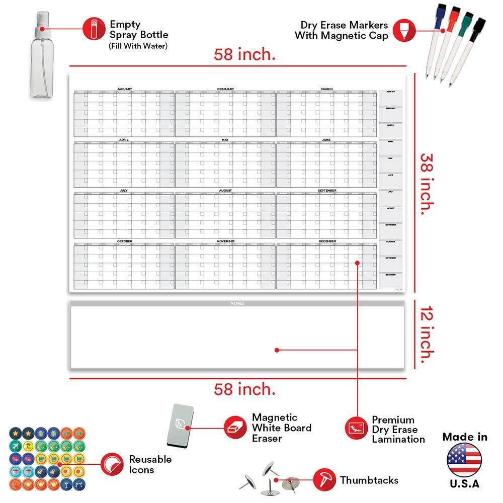 Large Dry Erase Wall Calendar - 58" x 38" - Blank 2019 Reusable Annual Planner - Academic Fiscal Year Office Project 12 Month Poster - Laminated Giant Jumbo Oversized Erasable Undated Calander