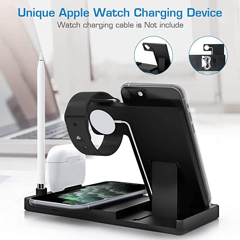 Updated Version,Wireless Charger 5 in 1, Wireless Charging Station for iWatch 6/5/4/3/2/1& AirPods3/2/1 & Pencil & iPhone 12/11/11 Pro Max/XR/XS Max/Xs/X/8/8P Black(No iWatch Charging Cable)