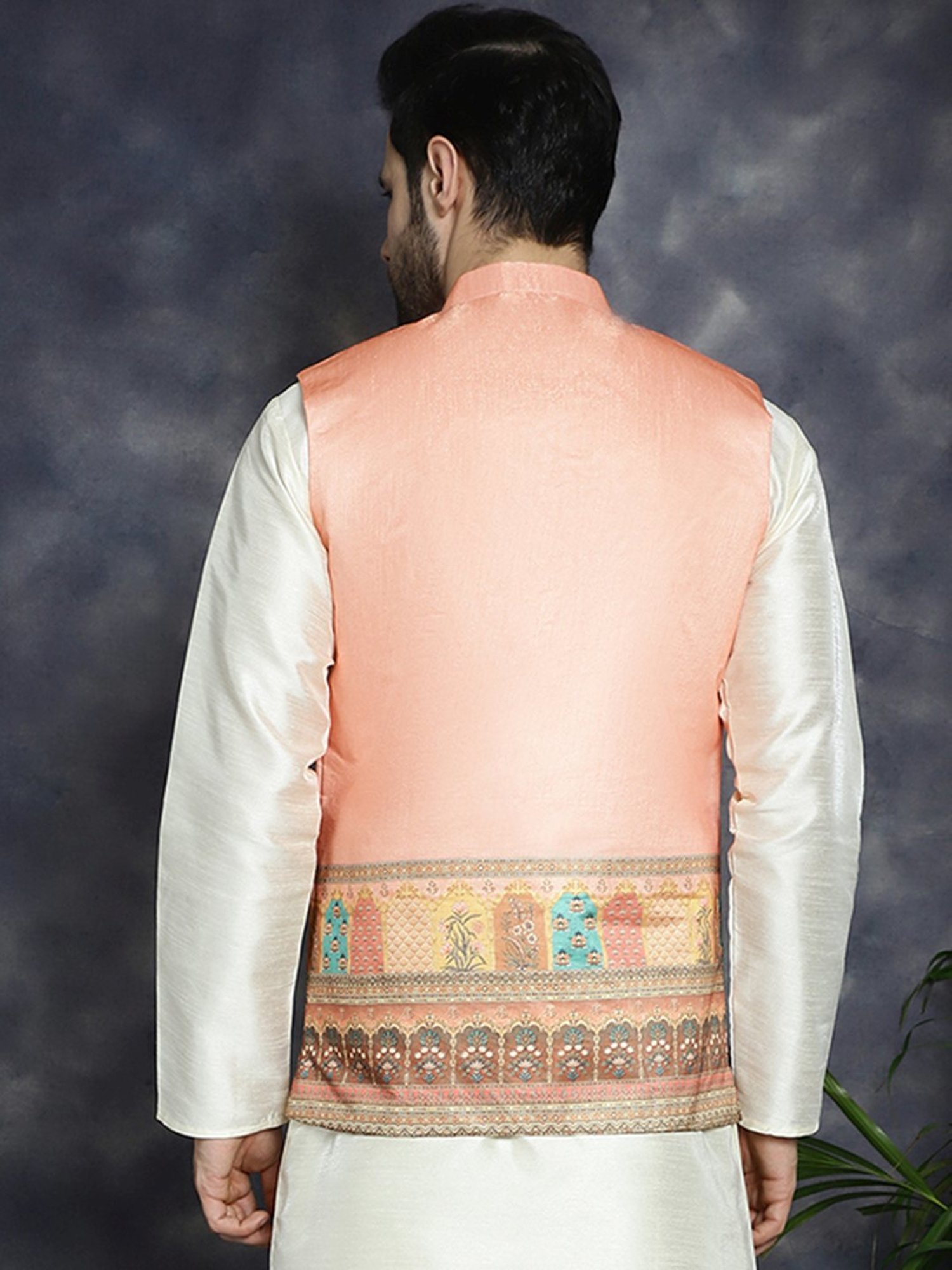 Jompers Peach Regular Fit Printed Nehru Jacket