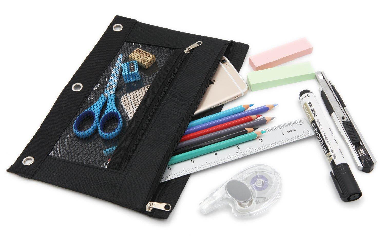 Pencil Case Pencil Pouch Zipper with 3 Ring and Double Pocket and Mesh Window(Black,6 Pack)