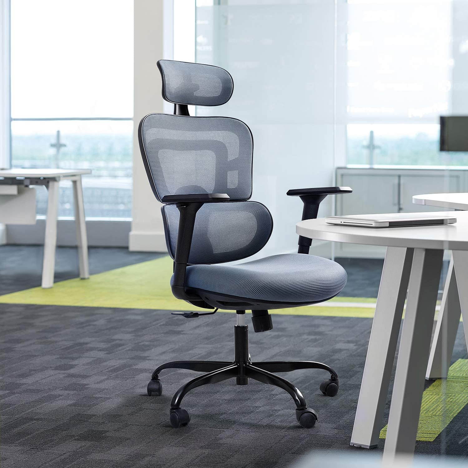 Furmax Ergonomic Office Chair Computer Desk Chair Mesh Fabric High Back Swivel Chair with Adjustable Headrest and Armrests Executive Rolling Chair with Curved Lumbar Support (Gray)