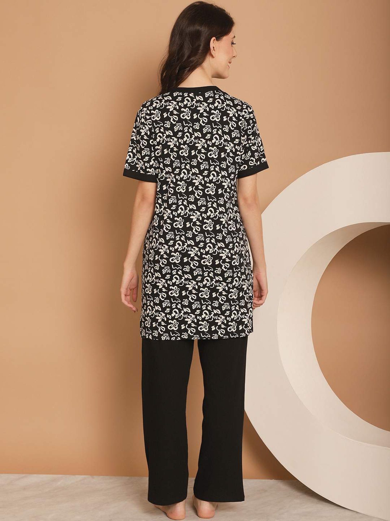 Kanvin Black Cotton Printed Tunic Pyjamas Set