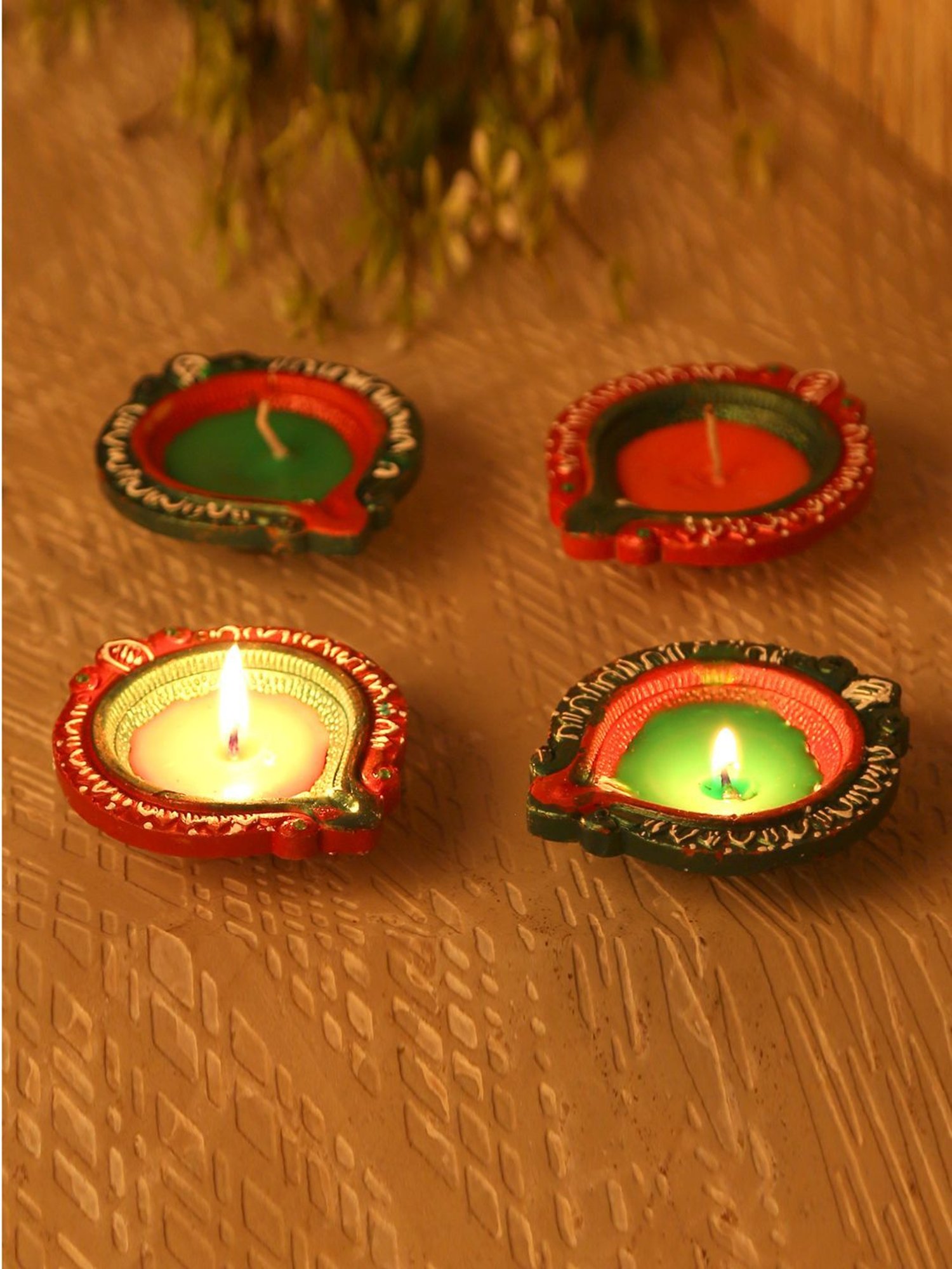 Aapno Rajasthan Multicolor Terracotta Handcrafted Wax Filled Big Diya - Set of 4