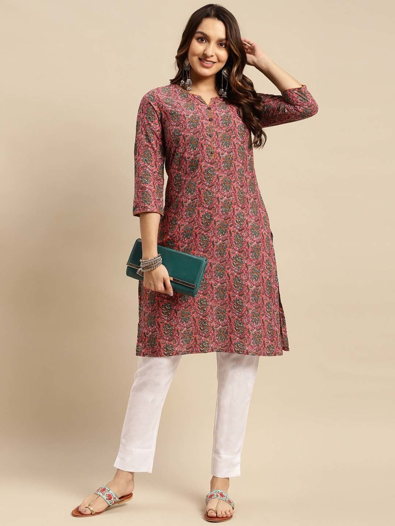 Rangita Pink & Brown Cotton Printed Straight Kurta - Pack Of 2