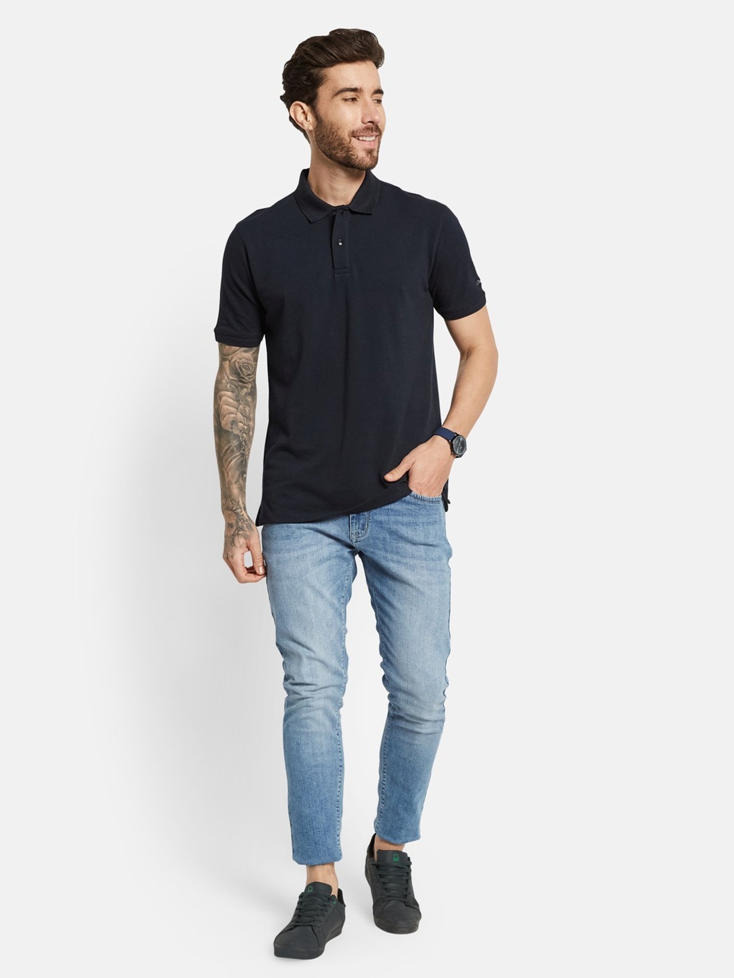 Octave Light Navy Cotton Regular Fit Polo T-Shirt