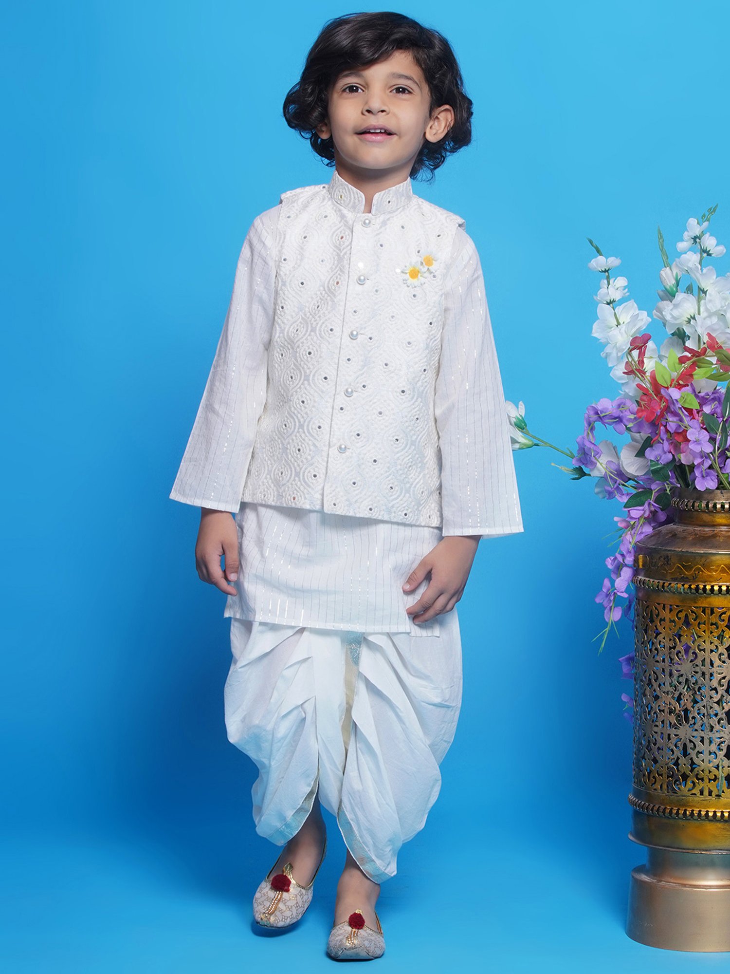 Little Bansi Kids Off White Embroidered Full Sleeves Kurta, Dhoti with Nehru Jacket
