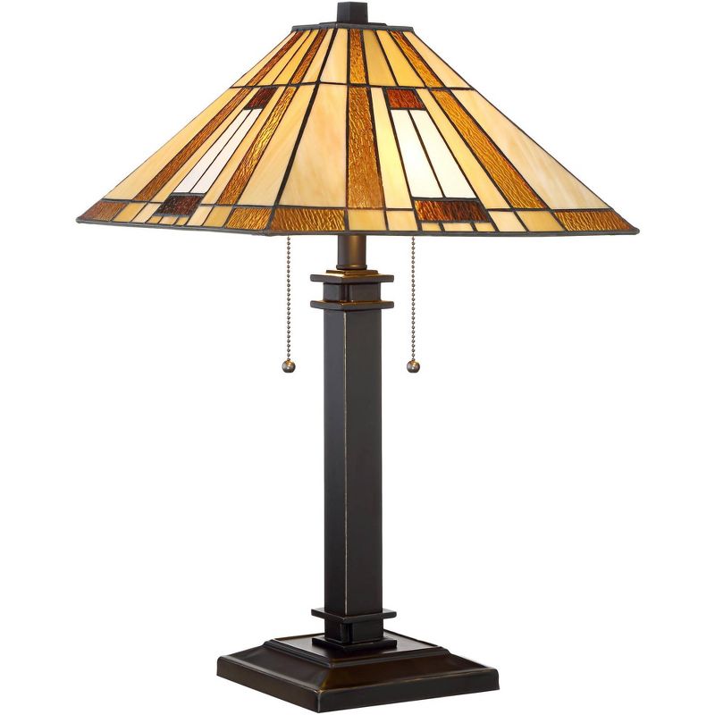 Robert Louis Tiffany Mission Accent Table Lamp Bronze Amber Art Glass Shade for Living Room Family Bedroom Bedside Nightstand